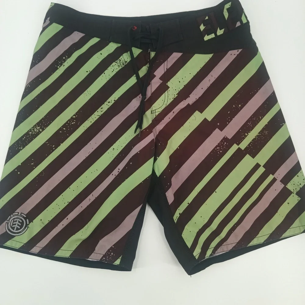 Element Mens Striped Surf Board Shorts Size 34 Green Brown embroidered Logo‎